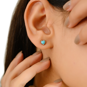 14K Gold Bezel Set <b>Turquoise</b> Heart <b>Stud</b> <b>Earrings</b> Trendy Vintage Gift for Daughter - Product Image 5