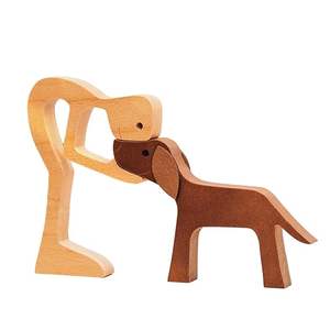 Sculpture en bois naturel représentant une mère nourrissante, un enfant ludique et un lien profond entre chien et animal, œuvre d'art décorative touchante - Product Image 5