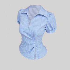Blusa a Rayas de Manga Corta al por Mayor 2026, Camisas Ajustadas con Cuello en V para Mujer, Blusas Elegantes de Verano para Oficina - Product Image 3