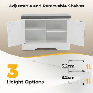 Banc de rangement pour chaussures de 28 pouces avec coussin rembourré, armoire à chaussures à 4 portes, étagère réglable, entrée, blanc - Product Image 3