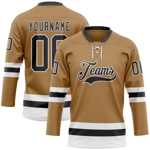 Custom Hockey Jersey Old Gold Black <b>White</b> <b>Lace</b> Neck Team Uniforms Sublimated Ice Hockey Shirt Breathable Sports Wear - Product Image 1