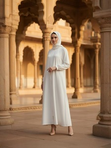 Abaya blanche à manches longues, longueur ras du sol, col montant, robe modeste en coton pour femme, tenue quotidienne du Moyen-Orient, couleur unie, coupe ample - Product Image 1