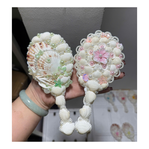 Handmade Seashell Round Handheld Makeup <b>Mirror</b> With Pearl And Flower Decorations Coastal Style <b>Vanity</b> <b>Mirror</b> - Product Image 1