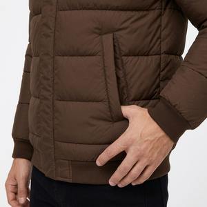Men's Brown Puffer <b>Jacket</b> Stand Collar Zipper Closure Windproof Insulated Casual Winter 100% Polyester Material - Product Image 5