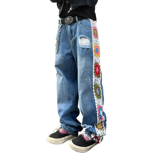 DENIM Custom Rhinestone Baggy Distressed Trousers Jeans <b>Pants</b> Vintage Wide Leg Stripe Ripped Denim Jeans Men - Product Image 1