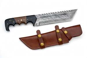 Herramienta Utilitaria de Acero de Damasco Hecha a Mano con Mango Segmentado de Madera Micarta y Funda de Cuero - Product Image 2