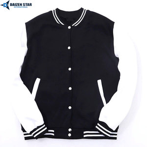 Men's Varsity Jacket Black White Sleeve Patchwork Print Preppy Style Autumn Wear Polyester Material - Product Image 3