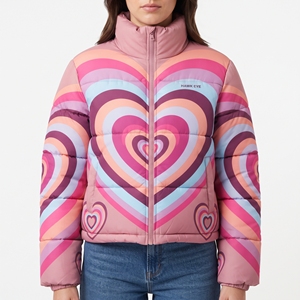 Abrigo acolchado con estampado de corazones para mujer, con cinturón, chaqueta de invierno con capucha, sublimación, acolchado, para exteriores, moda casual, ropa de abrigo. - Product Image 1