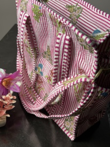 Sac fourre-tout en coton brodé rayé rose, style bohème, fermeture à fermoir, sac de shopping - Product Image 2