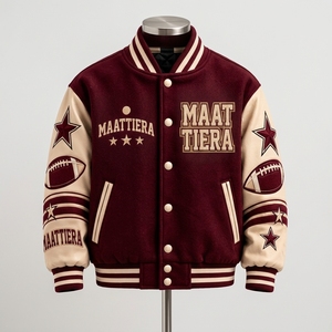 Blouson universitaire bordeaux pour homme avec manches en cuir crème, motif football brodé, fermeture à boutons-pression, style streetwear côtelé - Product Image 6