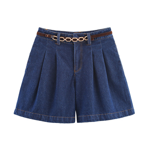 Shorts de Mezclilla de Cintura Alta con Cinturón, Corte Holgado, Estilo Casual para Mujer - Product Image 1