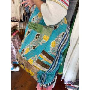 High Quality Vintage Kantha Tote Blue Waters Embroidery Handmade Open Closure Cotton Lining Panelled Design <b>Shoulder</b> <b>Strap</b> Daily - Product Image 2