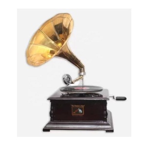 Gramófono de Madera de 4 Esquinas, Réplica Vintage, con Acabado de Latón Pulido y Bocina, Reproductor de Música, Funcional, para Uso Doméstico - Product Image 1