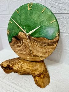 Olive Wooden and Epoxy Resin Quartz Wall <b>Clock</b> Coastal Design Personalized <b>Clock</b> with Golden 3D Numerals and <b>Silent</b> Operation - Product Image 2