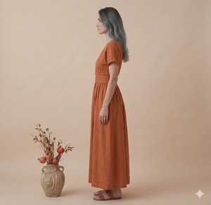 Vestido Maxi de Algodón de Corte Recto con Cuello en V y Mangas Cortas, Diseño Liso, Bolsillos Utilitarios, Largo hasta el Suelo, Holgado, Casual, para Uso Diario de Mujer - Product Image 3