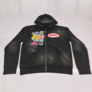 Custom Heavyweight French Terry Vintage Sun Faded Acid Wash Patch Embroidery Rhinestone Boxy Fit <b>Zip</b> up Hoodie for Men - Product Image 1