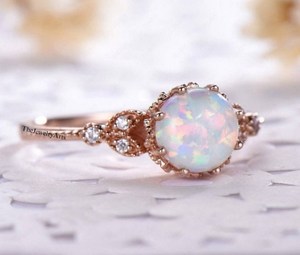Dainty Round White <b>Opal</b> <b>Ring</b> for Women 14K Rose Gold <b>Opal</b> Stacking <b>Ring</b> Cubic Zirconia Gemstone Jewelry Minimalist Wedding Band - Product Image 4