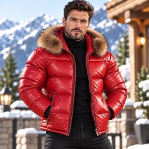 Genuine Sheep Leather Winter Bomber Bubble <b>Jacket</b> With Fox <b>Fur</b> <b>Hood</b> | Piumino Lucido Uomo | Chaqueta Brillante | Lederjacke - Product Image 1