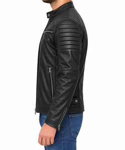 Veste de moto en cuir de vache noir respirant pour homme, coupe ajustée, col montant, fermeture éclair, style motard, hiver - Product Image 3