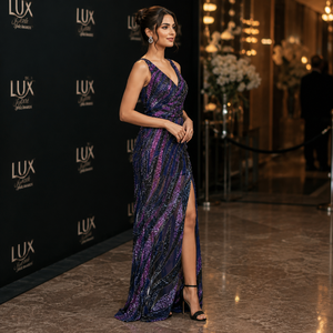 Luxury Purple Navy <b>Sequin</b> Mermaid Evening Gown for Women V Neck Sleeveless High Slit Formal Wedding Reception Prom Maxi Dress - Product Image 2