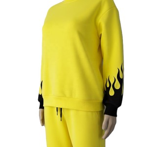 <b>Yellow</b> Flame Print <b>Tracksuit</b> Set Crew Neck Full Sleeve Sweatshirt With Drawstring Pants Unisex Casual Spring Wear - Product Image 3