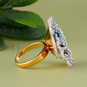 Art Deco Blue Sapphire <b>Ring</b> 18K Yellow Gold Lab Grown Diamond Side Stones VVS VS DEF Clarity Large CZ <b>Statement</b> <b>Ring</b> for Women - Product Image 2
