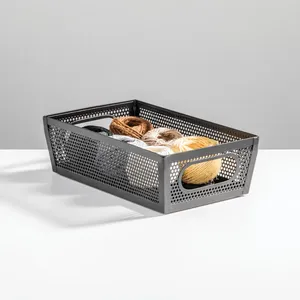 Metal Storage Basket with Hand Grip for Office Laundry Bath Craft Organization Simple Style <b>Black</b> Rectangular Mesh Bin - Product Image 3