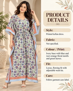 Robe Kaftan Bohème Florale Blanche pour Femme 100% Coton Tissé Sans Manches Col en V Coupe Ample Maxi avec Ceinture à Nouer Tenue Décontractée - Product Image 4