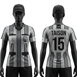 เสื้อกรรมการหญิง ผ้าโพลีเอสเตอร์อินเตอร์ล็อคคุณภาพพรีเมียม 160 GSM ระบายอากาศได้ดี แห้งเร็ว สีเทา ดำ ลายแถบ  รับสกรีนโลโก้ - Product Image 1