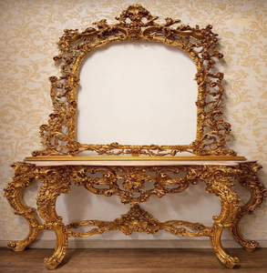Luxurious golden carved wooden dressing <b>table</b> with three drawers and large <b>mirror</b> frame, available at wholesale prices. - Product Image 6