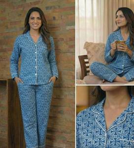 Conjunto de Pijama de Algodón para Mujer, Tejido Térmico, Estampado a Mano con Bloques de Índigo, Corte Cómodo y Relajado, Ropa de Dormir - Product Image 3