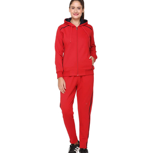 Ensemble de survêtement pour femmes, rouge, à capuche, manches longues, fermeture éclair, couleur unie, style sportif, matière polyester respirante, vêtements d'automne - Product Image 1