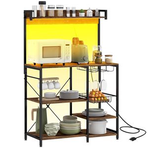 Étagère de rangement de cuisine industrielle rustique marron avec station de charge, lumières RGB, porte-verres, étagères ouvertes - pour boulangers et chefs - Product Image 1