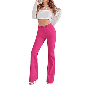 กางเกงยีนส์ทรงขาบานสำหรับผู้หญิง เอวกลาง ทรงพอดีตัว สีชมพูย้อม แฟชั่นยอดนิยม ราคาถูก มีไซส์พลัส - Product Image 5