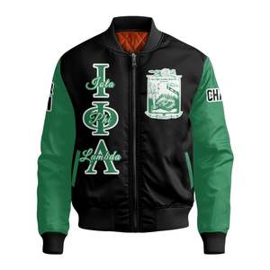 Chaqueta Bomber Personalizada para Mujer Iota Phi Lambda, Negra y Verde Esmeralda, con Escudo de Letras Griegas en la Parte Delantera y Trasera, con Cierre de Cremallera - Product Image 5