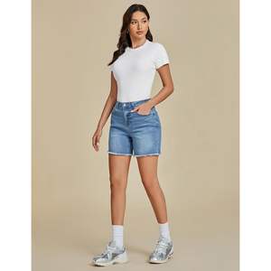2025 FleXclusive femmes à la mode taille haute extensible Denim Jean Shorts décontracté mi-taille été ourlet brut maman Long Shorts - Product Image 1