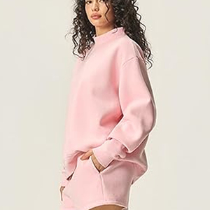 Women's Pink Oversized Turtleneck Sweatshirt Drop Shoulder Long Sleeve Solid Color Knitted 100% Cotton Autumn Wear - Product Image 2