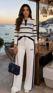 Conjunto Deportivo de Mujer, Blanco con Rayas Azul Marino, Chaqueta Polo de Manga Larga con Cierre y Pantalones Jogger, Ligero, Cuello Alto, 2 Piezas - Product Image 5