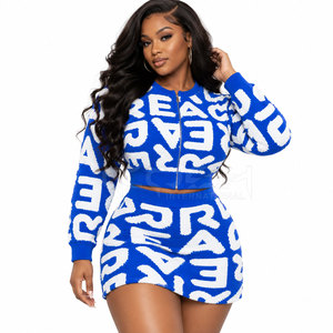 Cosh International Sisterhood Sorority Knitted Two Piece Set Blue White Letter Print <b>Crop</b> <b>Top</b> With Mini <b>Skirt</b> Set - Product Image 3