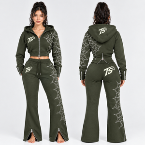 Women's 2 Piece Polyester/Cotton Loose Fit Tracksuit Set <b>Cropped</b> Zip Hoodie Wide Leg Sweatpants Side Stripe Sporty <b>Jogger</b> Black - Product Image 6