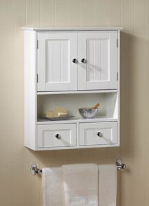 Armoire de salle de bain murale en teck blanc, style Shaker, avec deux portes, étagère suspendue et 2 tiroirs - Product Image 1