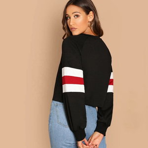 Custom Womens <b>Black</b> Stripe <b>Sleeve</b> Sweatshirt Casual Loose Fit <b>Long</b> <b>Sleeve</b> Pullover Crew Neck <b>Cropped</b> Sweatshirts For Ladies Tops - Product Image 2