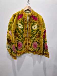 Beige Vintage Floral Women's Winter Velvet Suzani Hand Embroidery <b>Bridesmaid</b> <b>Jacket</b> Coat - Product Image 1