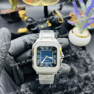 Reloj Automático Cuadrado de Acero Inoxidable con Moissanita, Esfera Azul, Números Romanos, Visualización de Fecha, Lujoso, Estilo Hip Hop, Brillante y a la Moda - Product Image 1