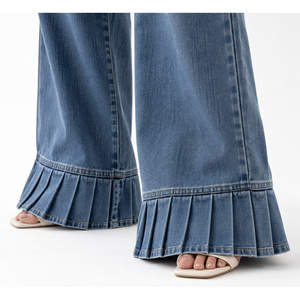 Vaqueros de mezclilla de mujer de tiro medio y pierna ancha con dobladillo plisado, estilo Hip Hop, paneles bordados, color azul pizarra, tallas XS-6XL - Product Image 4