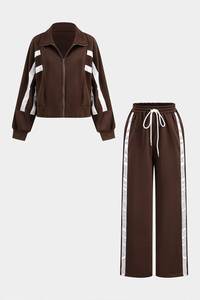 <b>Brown</b> <b>Women's</b> Hooded Short Solid <b>Tracksuit</b> Set Breathable 100% Cotton Zip-Up Jacket Drawstring Wide-Leg Pants Casual Jogging - Product Image 1
