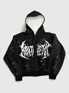 Premium Streetwear Black Rhinestone Crown Graphic Full Zip Hoodie Oversized Thick Fleece Sweatshirt Unisex Factory Direct Wholes - Product Image 1