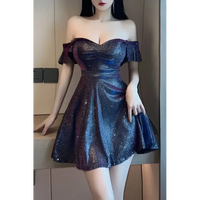 Robe mini à manches volantées Galaxy Glitz, robe de soirée à sequins irisés dégradés, robe évasée à col cœur motif ciel étoilé