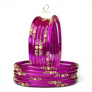 Nouveauté : Bijoux indiens, bracelets en verre rose vif style Kashmiri, plaqués or, cristaux, pour mariage et occasions festives, prix de gros - Product Image 2