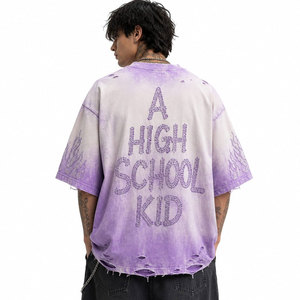 Camiseta Oversize de Algodón Morado con Estampado de Personajes y Pedrería, Estilo Urbano, Manga Corta y Cuello Redondo para Hombre - Product Image 5
